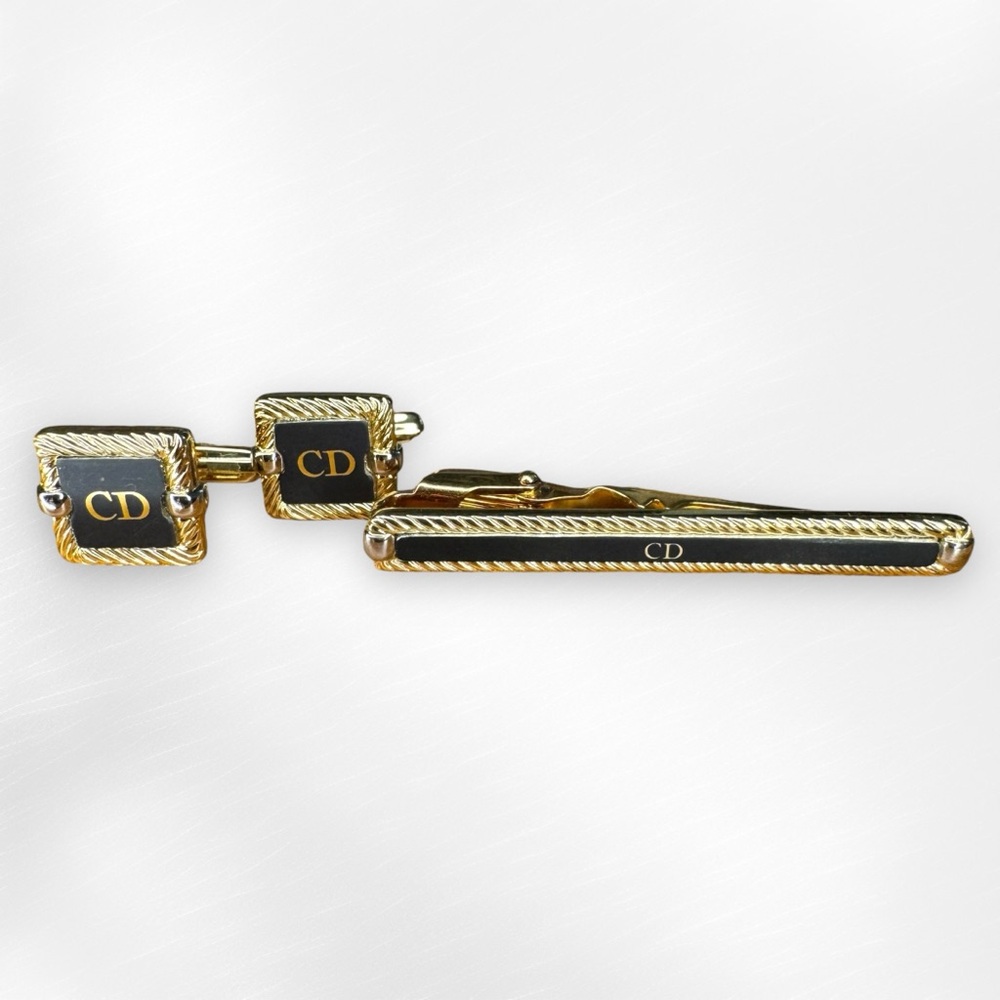 Christian Dior Vintage Cufflinks and Tie Bar / Money Clip Gold Silver & Black - Picture 4 of 14
